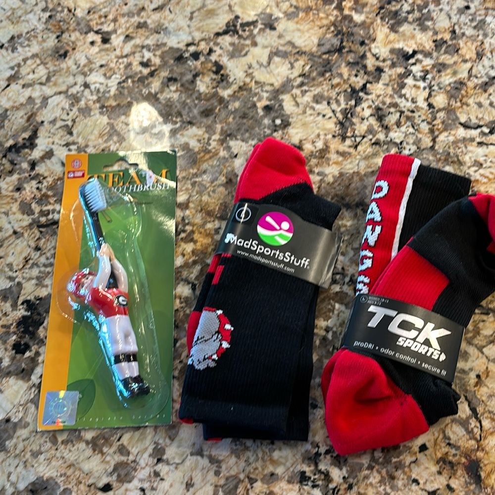 For the UGA fan! Bulldog crew socks - 2 pr, UGA tee shirt size Large, toothbrush